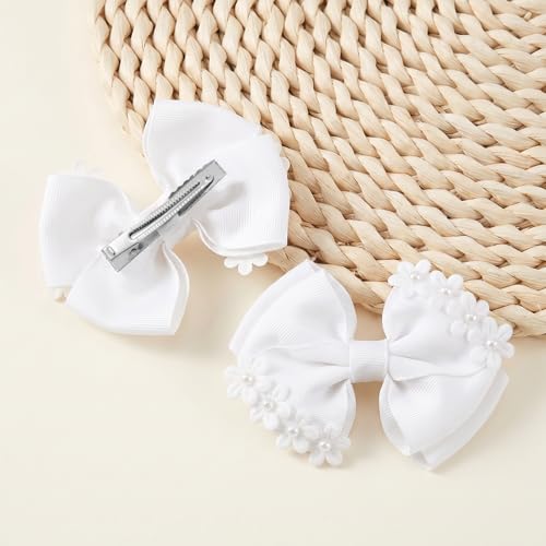 Quvvarly White Hair Bows with Faux Pearl - 2PCS Floral Hair Clips