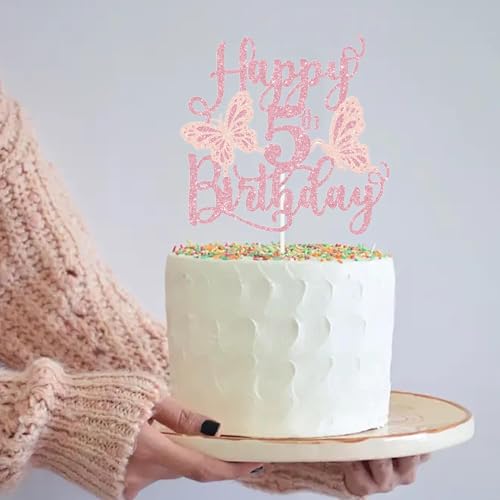 Glitter Pink Butterfly 5th Birthday Cake Topper Decoration