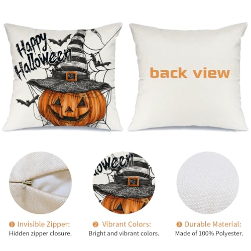 Happy Halloween Throw Pillow Cover 18x18, Jack-o'-Lantern Farmhouse Decor