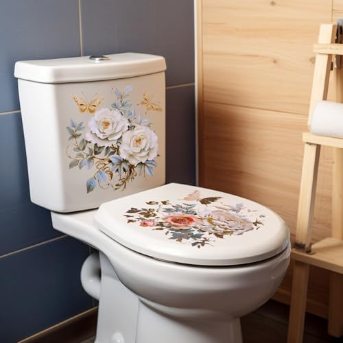 DRWSSR Gold Peony Butterfly Toilet Seat Lid Stickers - Removable Bathroom Decals (Set of 3)