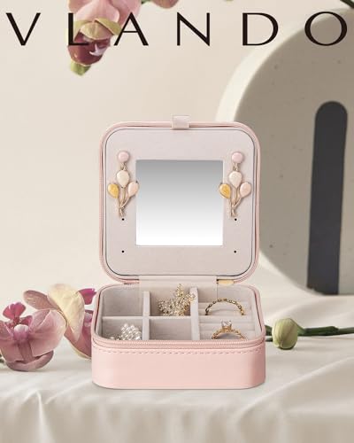 VLANDO Travel Jewelry Box Organizer - Compact Pink Case with Mirror