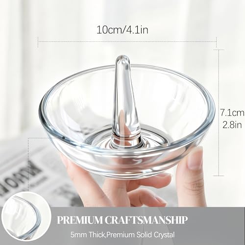 H&D 4.1in Crystal Ring Holder Dish – Round Clear Glass Jewelry Tray