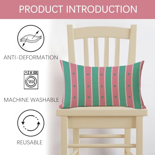 Pink Green Striped Lumbar Pillow Cover 12x20 | Decorative Cushion Case