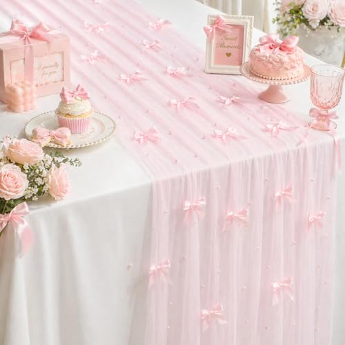 Pink Gauze Pearl Table Runner with Bow - 30x120 Inch for Weddings & Parties