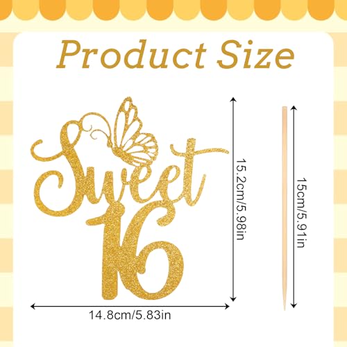 Gold Glitter Sweet 16 Cake Topper - Elegant Party Decoration