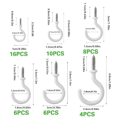 White 50pcs Ceiling Hooks Set - 6 Sizes Heavy Duty Screw Hooks for Walls & Ceilings, JCKHXG