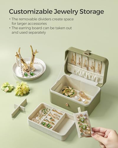 SONGMICS Travel Jewelry Organizer Case - 2-Layer Green PU Jewelry Box with Velvet Lining