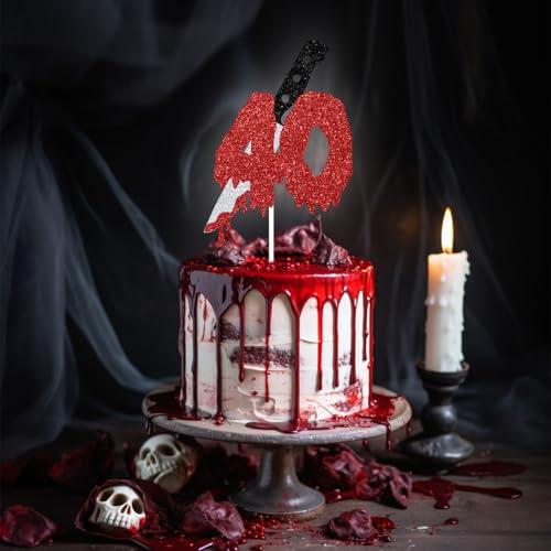 Red Glitter 40 Cake Topper with Blood Knife | Horror Party Decor