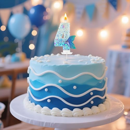 Mermaid Number 4 Candle - Blue Tail Cake Topper for Birthdays