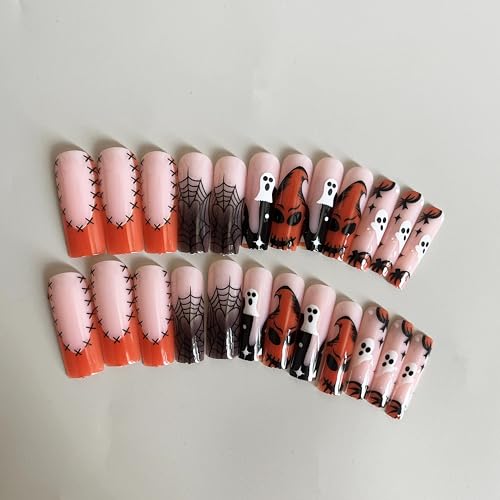 BABALAL Long Square Press on Nails Halloween Black Orange French Tip Goth