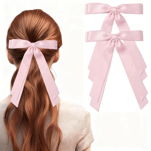 Dladhict 2 Pcs Pink Satin Hair Bow Clips, Large Double Ribbon Hair Accessories
