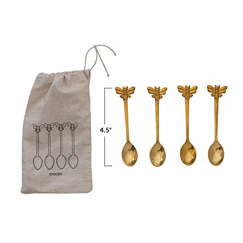 Creative Co-Op Farmhouse Brass Spoons with Bee Handles in Drawstring Bag, Brass Finish