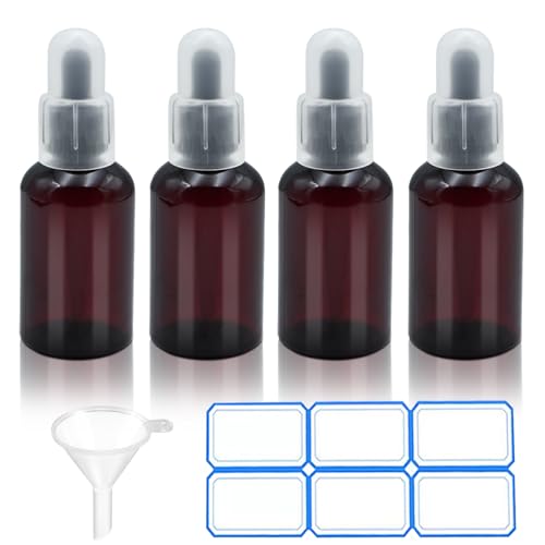 AskBed 4 Pack 2 Oz Amber Plastic Dropper Bottles with Funnels