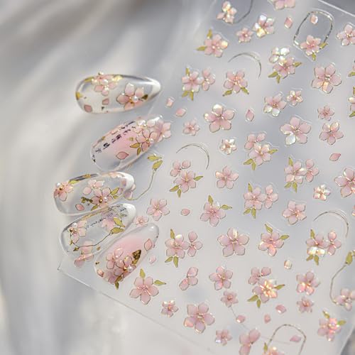 BUNLVDI 5D Embossed Pink Flower Nail Stickers Self-Adhesive Floral Decals