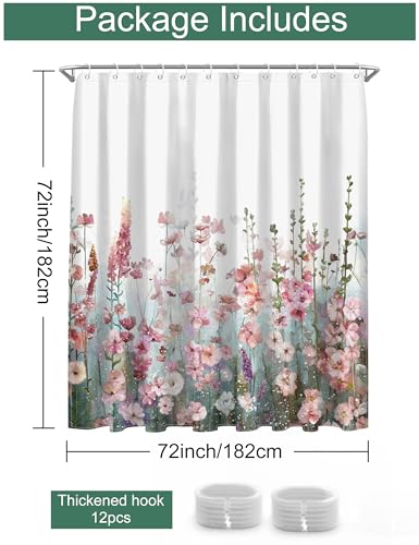 SUMGAR Pink Floral Shower Curtain, 72x72 Inch Fabric Bath Curtain Set