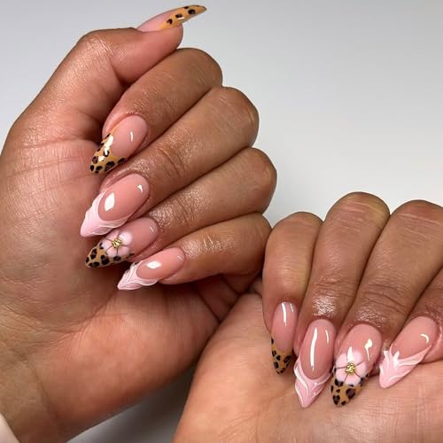 Leopard French Tip Press on Nails Medium Almond Fake Nails 3D Pearl