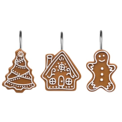 Sunlit Christmas Gingerbread Shower Curtain Hooks Set of 12 - Gingerbread Man, House & Tree Variations