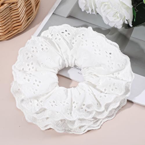 Nogeqi White Lace Scrunchie Large Ruffle Hair Tie for Thick Hair