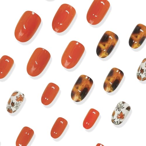Fall Short Press on Nails Oval Orange Maple Leaf Acrylic False Nails