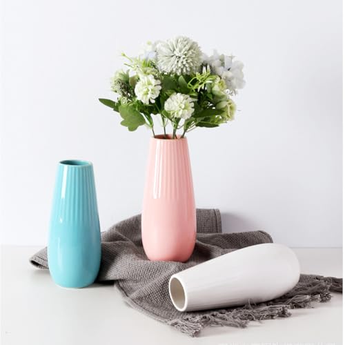 Valemoon White Ceramic Vase - 7.5 Inch Modern Striped Flower Holder for Pampas, Tulips, Calla Lilies, Minimalist Home Decor