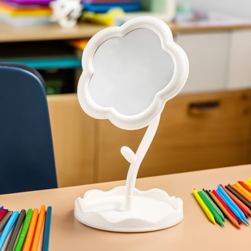 White Flower Desktop Makeup Mirror with Organizer Tray - 360° Rotating