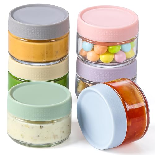 AOZITA Light Glass Salad Dressing Containers, 6 Pack 2oz Leakproof Cups with Lids