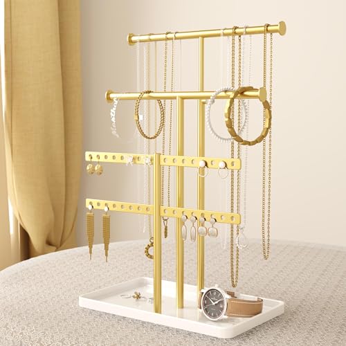 Adjustable Metal Jewelry Holder Organizer Stand for Necklaces & Bracelets (Gold)