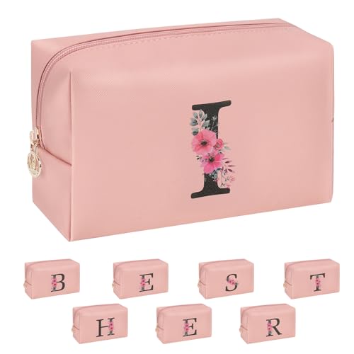 Initial Makeup Bag for Women - Personalized Waterproof PU Leather Travel Cosmetic Bag
