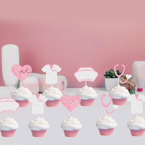 24-Piece Pink Nurse Graduation Cake Toppers Set - Stethoscope & Cap