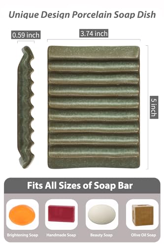 Zoeeker Ceramic Soap Dish - Wave Design, Self-Draining Holder in Green
