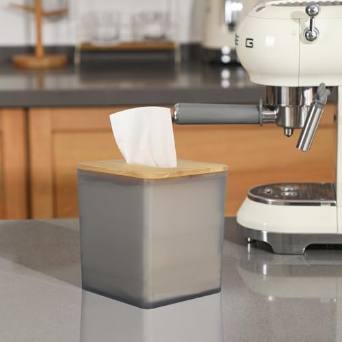 Black Square Tissue Box Cover with Bamboo Lid - Modern Farmhouse Decor