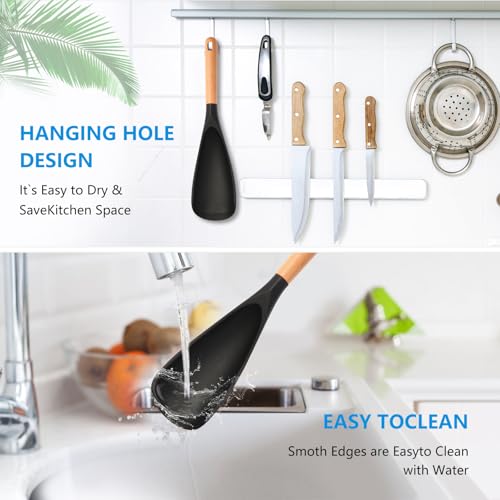 Heat-Resistant Silicone Cooking Spoon with Wooden Handle - 13.4''
