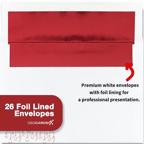 Christmas Greeting Cards Set with Red Foil Lined Envelopes - 25 Pack