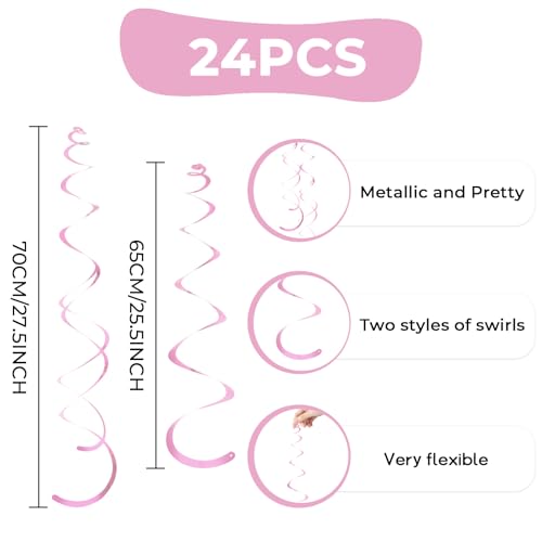 24 PCS Pink Hanging Swirl Decorations, Reusable PVC Ceiling Streamers