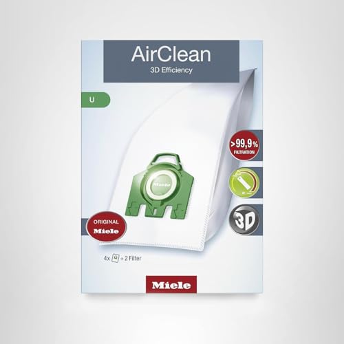 Miele Genuine U AirClean 3D Efficiency Vacuum Cleaner Bags for Miele Dynamic U1 and S7 Vacuum Cleaners, Pack of 4 Dust Bags and 2 Filters – 10123230