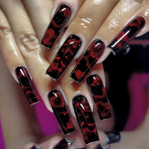 Valentine's Press on Nails Long Square Red Heart Fake Nails Glossy Black