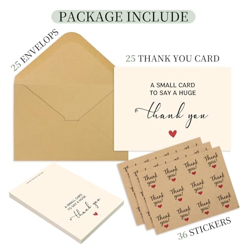 JIXZEN 25 Pack Thank You Cards with Envelopes | 350GSM, Perfect for Weddings, Business, Baby Showers & More