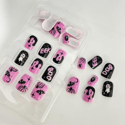 Halloween Press on Nails Square Glossy False Nails with Ghost and Spider Web Designs, 24Pcs