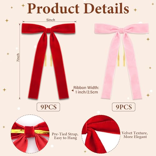 Red and Pink Velvet Christmas Tree Bows - 18 Pack Holiday Decorations, 5x7 Inches, Reusable Velvet Ribbon Bows - Variation: Red/Pink