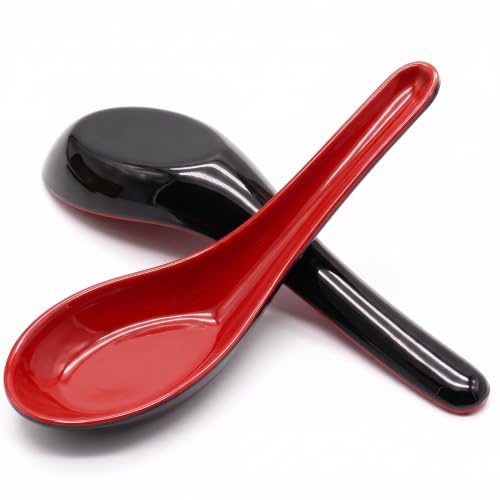 2PCS Asian Soup Spoons Set - Red & Black Melamine for Ramen, Pho