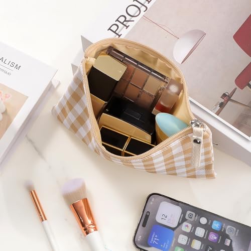 2 Pack Gingham Makeup Bags Small Zipper Cosmetic Pouches Green Brown