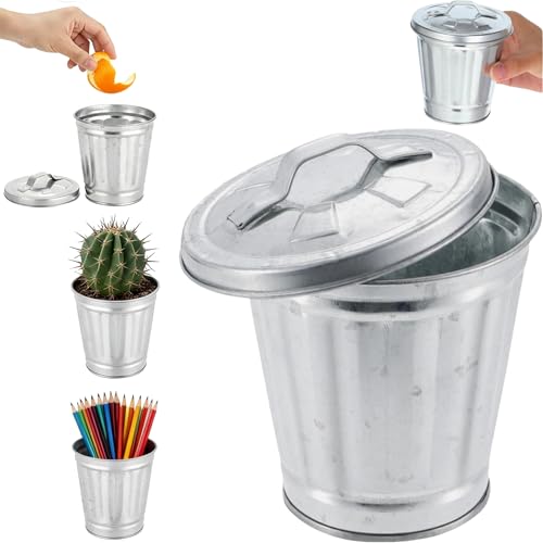 Mini Galvanized Trash Can with Lid - Versatile Desktop Wastebasket