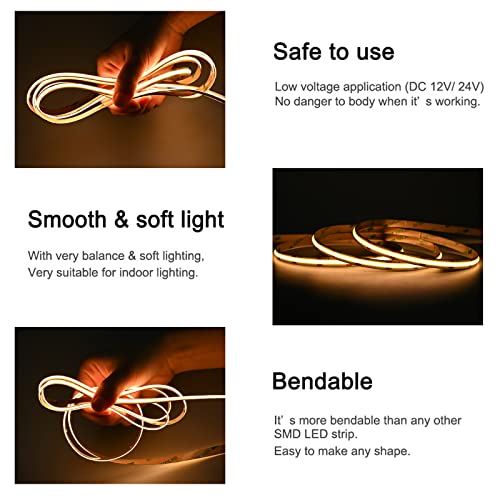 TUNICHX 16.4FT COB LED Strip Light 12V 3000K Warm White Flexible Tape