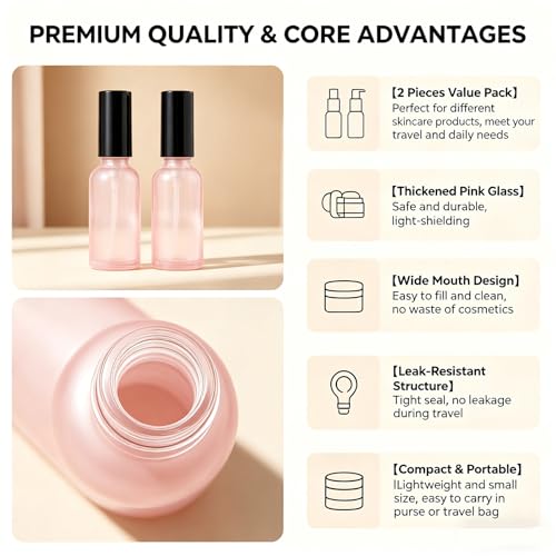 ASTRQLE 2PCS Pink Glass Pump Bottles 1oz 30ml Portable Lotion Containers