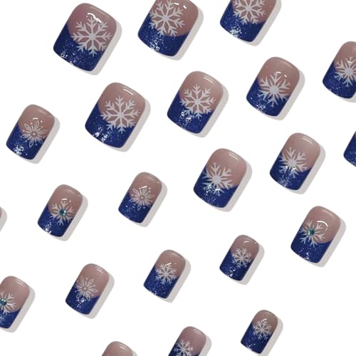 Christmas Press On Nails Short Square Blue Glitter French Fake Nails