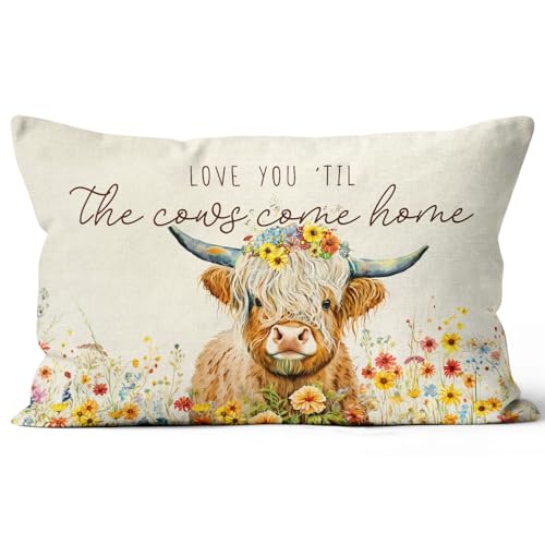 Highland Cow Wildflowers Lumbar Pillow Cover 12x20 Inch