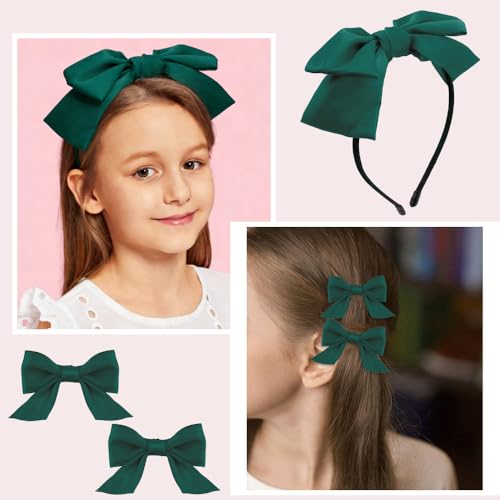 Galuobal Dark Green Satin Hair Bow Headband and Clips Set for Girls