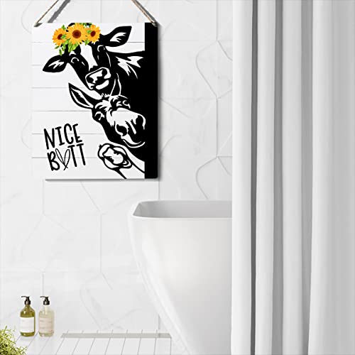 Rustic Wooden Bathroom Sign Decor - 10x8 Cow & Sunflower Art
