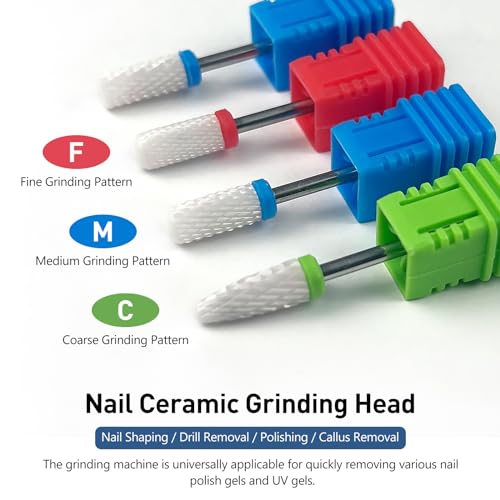 Kootinn 4 Pcs Ceramic Nail Drill Bits Set 3/32 Inch Professional Manicure Pedicure Cuticle Gel Removal Tool