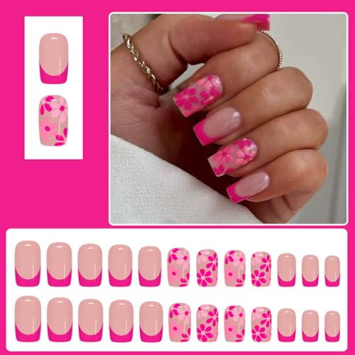 Short Square Press on Nails Rose Red Flower Glossy False Nails
